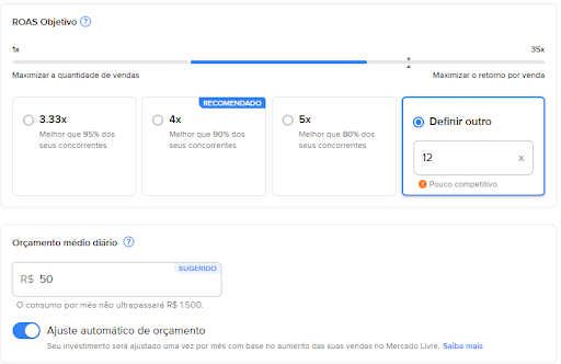 configuração do roas objetivo nas campanhas de product ads no mercado livre